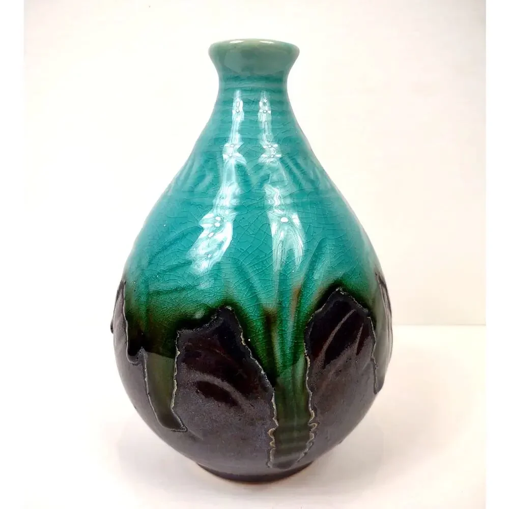 Vintage Art Pottery Drip Glaze Vase w Dragonfly’s Brown Turquoise 71/4” MCM